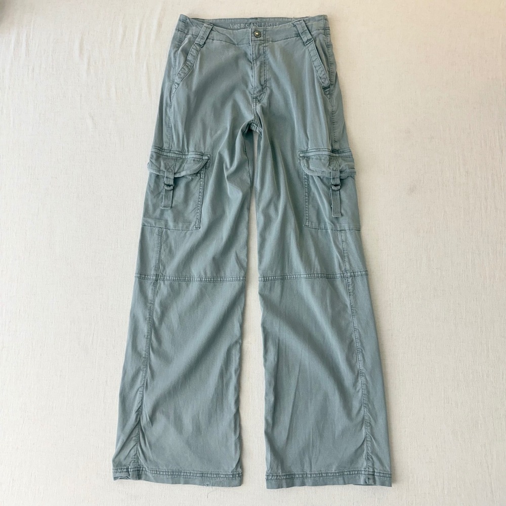 American Eagle Super High Rise Baggy Wide Leg Cargo Pants Women 00 Sage Green